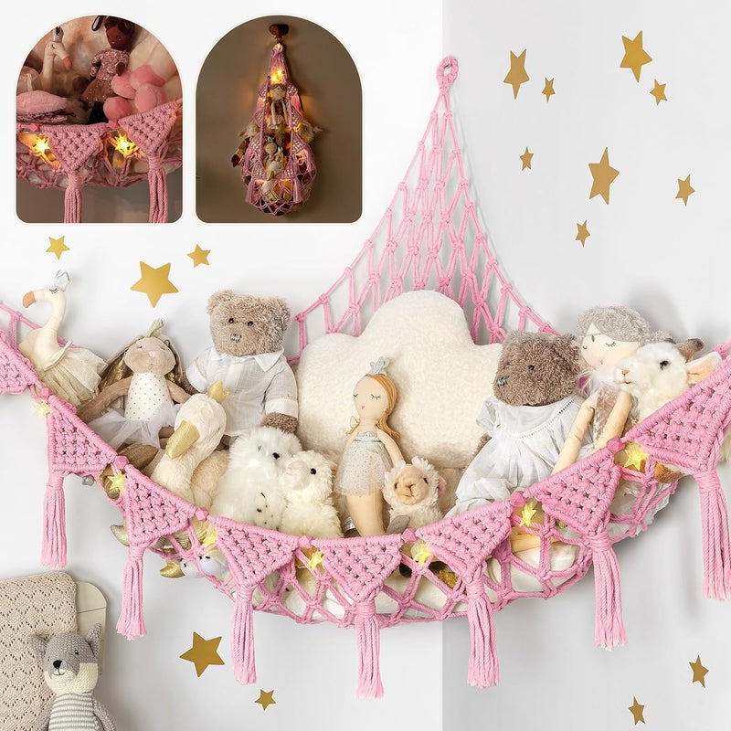 TIDYTEDS Stuffed Animal Hammock Corner | Sturdy Handcrafted Stuffed Animal Net | 4mm Double Macrame Cord Stuffed Animal Holder | Natural 100% Cotton Plushie Net | Toy Hammock w/LED Light (Pink) - Image 1